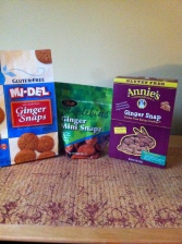 Three brands of gluten free ginger snap cookies: MI-DEL, Pamela's, and Annie's brands.